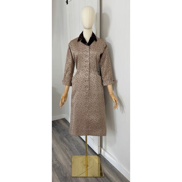 Vintage 50s 60s Brown Floral Jacquard Wiggle Bombshell Rockabilly Dress Size M? - Picture 1 of 6